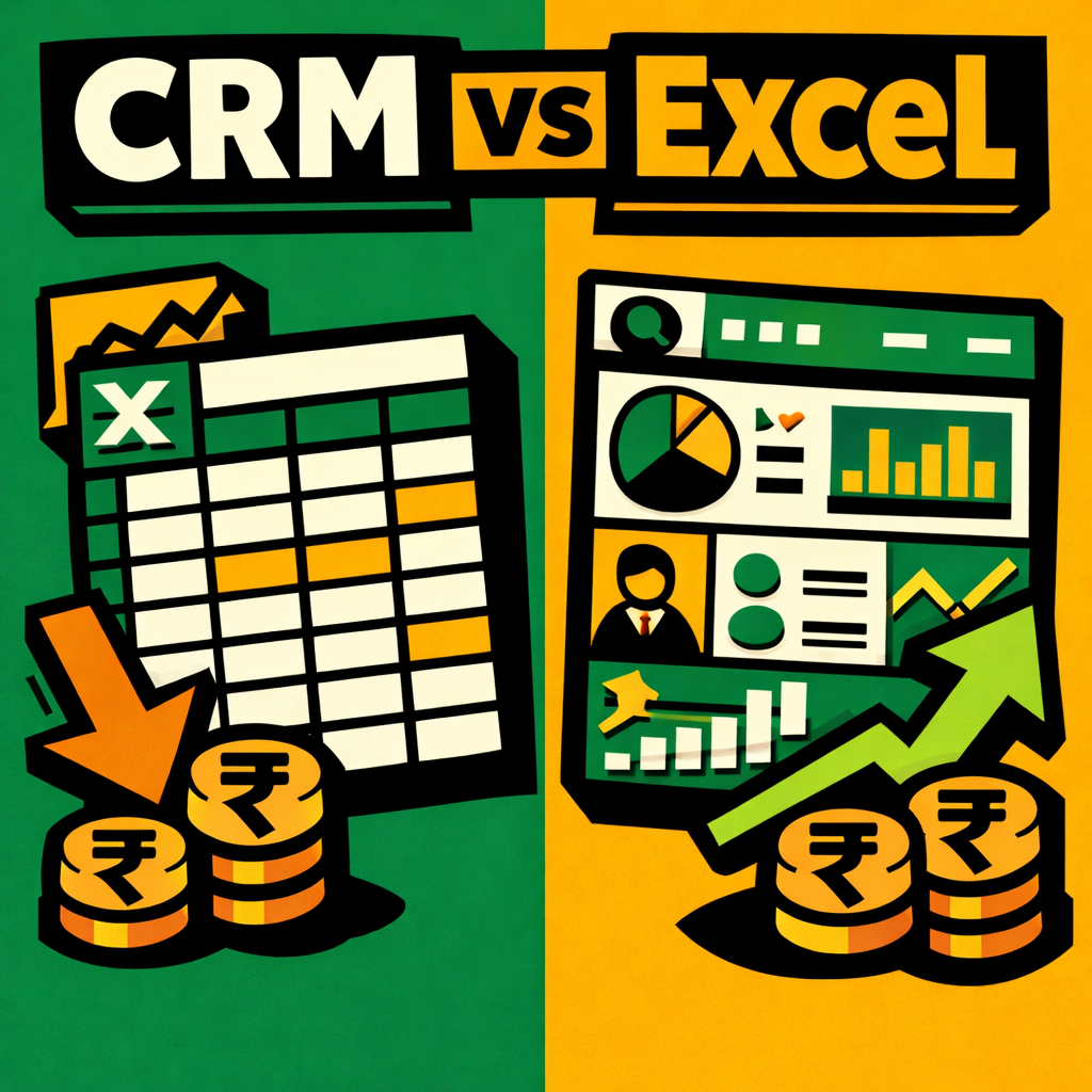 Salon CRM vs Excel comparison showing cost analysis and feature gaps with Indian rupee symbols and growth arrows